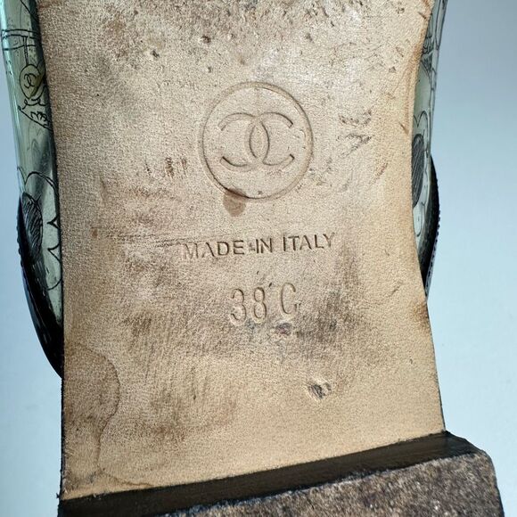 CHANEL Black White CC Sandals Size 38 US 7.5 Open Toe Flat Mules Clear PVC Print - Picture 10 of 11